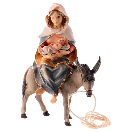 Virgen María sobre el burro con pregamino para belén Original madera pintada Val Gardena, figuras de altura media 10 cm 2