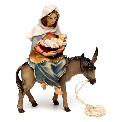 Santa María sobre su burro con Niño Jesús en brazos belén Original madera pintada Val Gardena 12 cm 1
