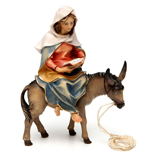 Santa María sobre su burro con Niño Jesús en brazos belén Original madera pintada Val Gardena 12 cm 2
