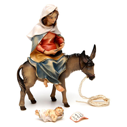 Mary Holding Baby Jesus On Donkey, 12 cm Original Nativity model, in painted Valgardena wood 3