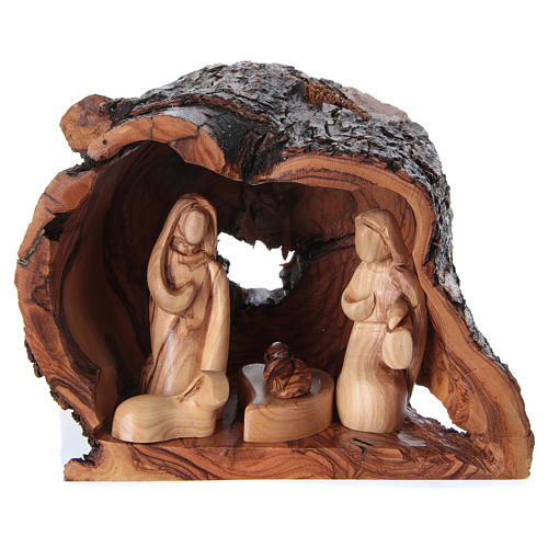 Heilige Familie in Grotte Olivenholz Bethlehem 15x20x15cm 1
