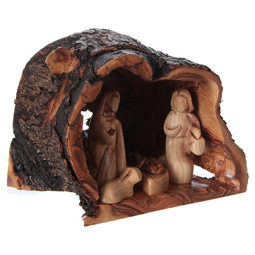 Heilige Familie in Grotte Olivenholz Bethlehem 15x20x15cm 4