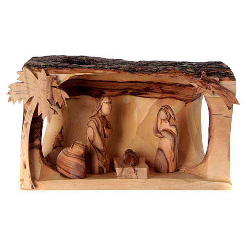 Cabaña con Natividad de madera de olivo Belén 10x20x10 cm 1