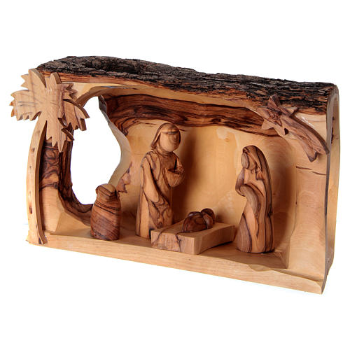 Cabaña con Natividad de madera de olivo Belén 10x20x10 cm 3