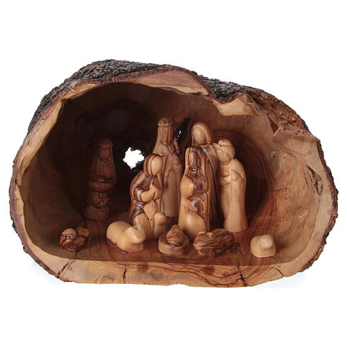 Presepe completo in grotta ulivo di Betlemme 20x30x20 cm 1