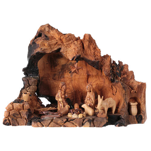 Nativity Family Scene in Olive wood in slanted stable 20x30x20 cm 1