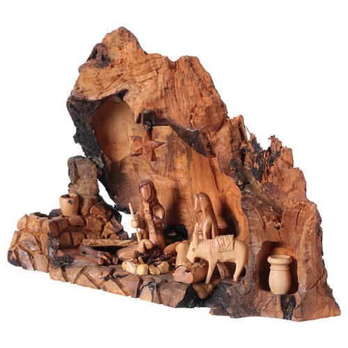 Nativity Family Scene in Olive wood in slanted stable 20x30x20 cm 5