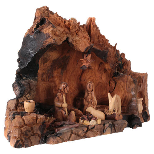 Nativity Family Scene in Olive wood in slanted stable 20x30x20 cm 6