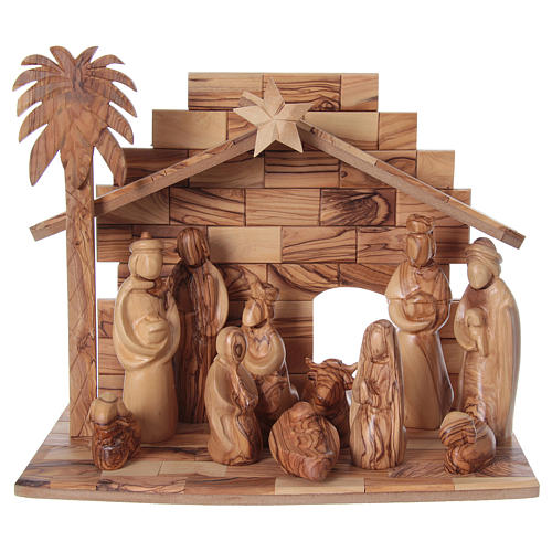 16 cm Complete Nativity in Olive wood from Bethlehem stylized 1