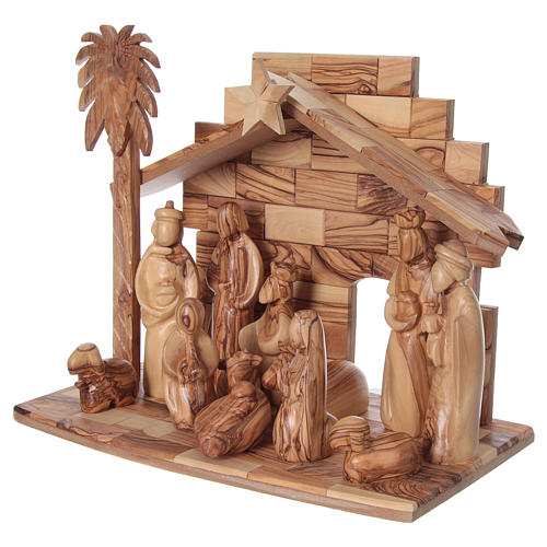 16 cm Complete Nativity in Olive wood from Bethlehem stylized 3
