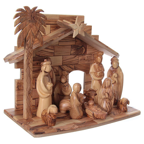 16 cm Complete Nativity in Olive wood from Bethlehem stylized 4