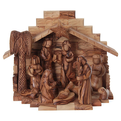 Stable with Complete Nativity in Olive wood from Bethlehem stylized 20x25x20 cm 1