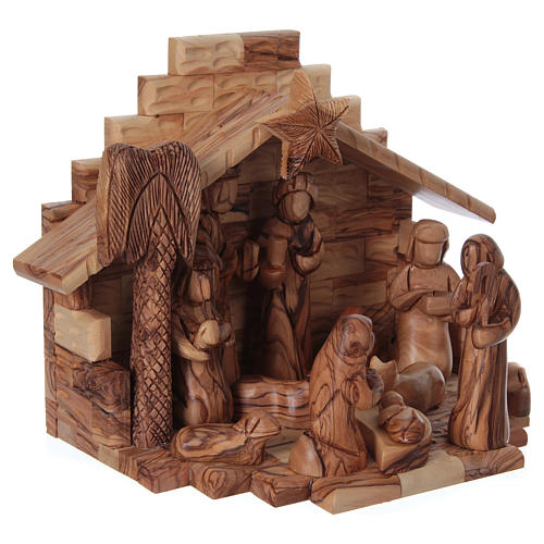Stable with Complete Nativity in Olive wood from Bethlehem stylized 20x25x20 cm 4