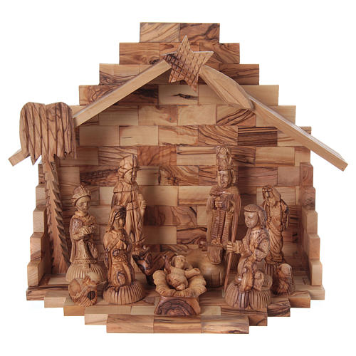 Nativity Scene in Olive Wood from Bethlehem with stable 25x30x20 cm 1