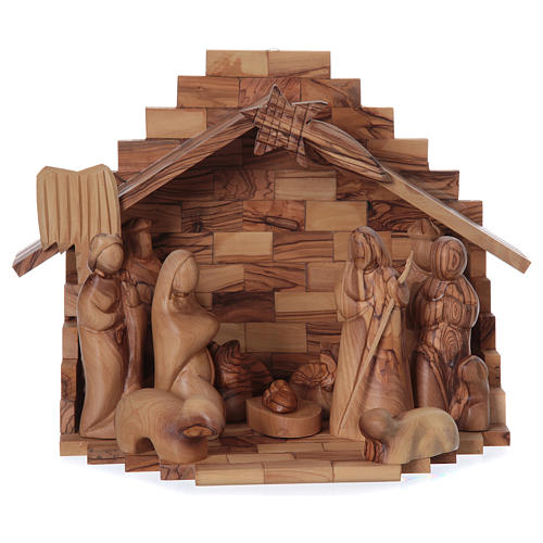 Barn Olive wood from Bethlehem with Nativity set stylized 12 cm 1