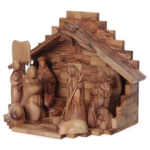 Barn Olive wood from Bethlehem with Nativity set stylized 12 cm 3