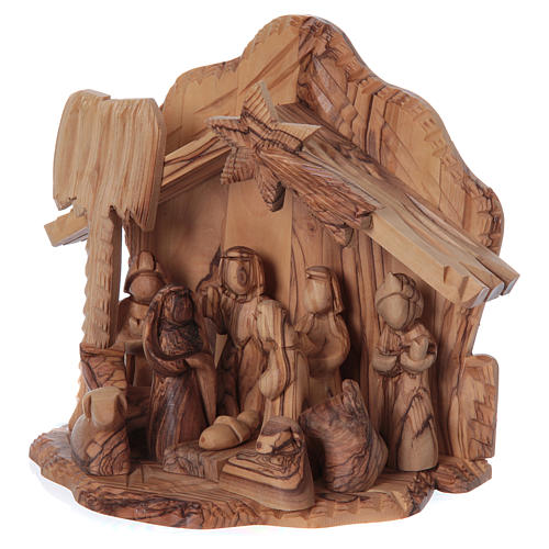 Cottage in Olive wood Bethlehem with Complete Nativity stylized 20x20x15 cm 3