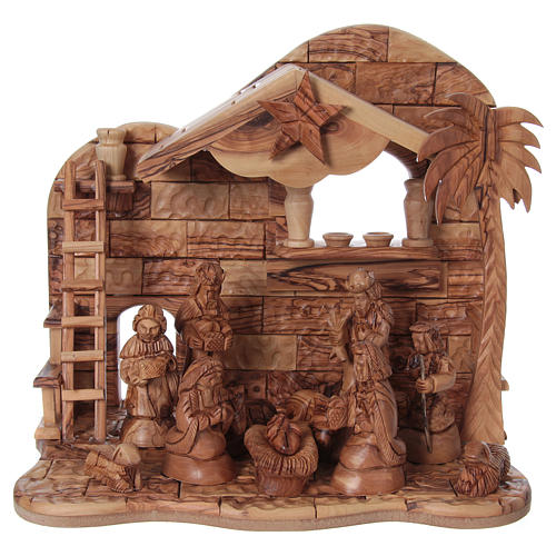 Complete Nativity in Olive Wood from Bethlehem 12 cm with Cottage 30x35x25 cm 1