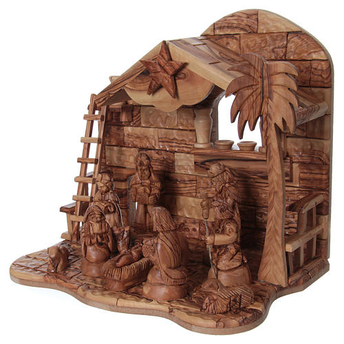 Complete Nativity in Olive Wood from Bethlehem 12 cm with Cottage 30x35x25 cm 3