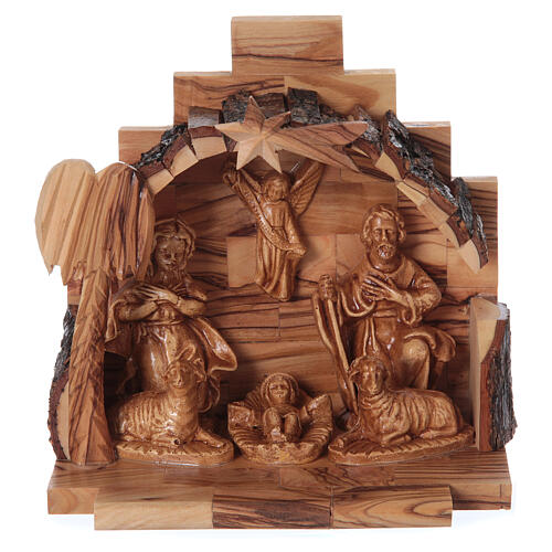 Narodziny Jezusa z drewna oliwnego z Betlejem ze stajenką 15x15x10 cm 1