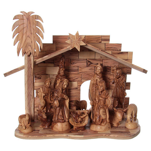 22 cm Entire Nativity Scene Olive wood from Bethlehem with Stable 30x40x25 1