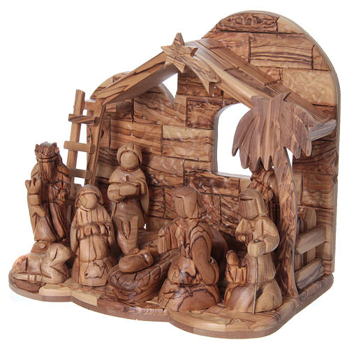 Nativity stylized Olive wood from Bethlehem 13 cm with Stable 25x25x15 cm 3
