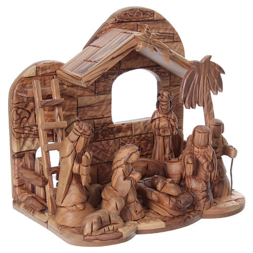 Nativity stylized Olive wood from Bethlehem 13 cm with Stable 25x25x15 cm 4