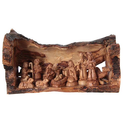 Nativity scene with natural cave in Bethlehem olive wood 25x40x20 cm 1