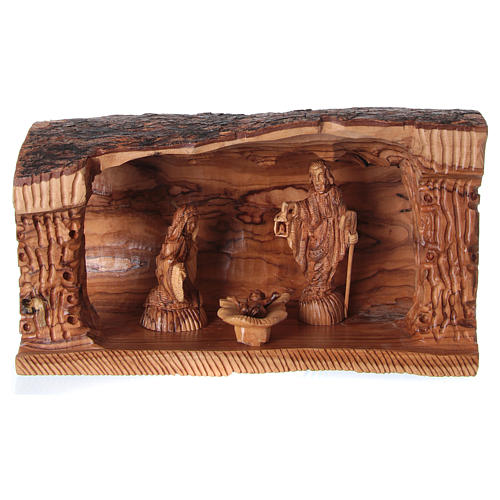 Cavern with Nativity Family in Olive wood from Bethlehem 20x30x15 cm 1