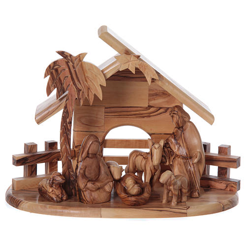 Stable in olive wood from Bethlehem with Nativity set stylized 20x25x15 cm 1