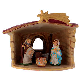 Shack with 5 pcs nativity scene and comet star in painted Deruta terracotta