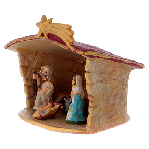 Shack with 5 pcs nativity scene and comet star in painted Deruta terracotta 2
