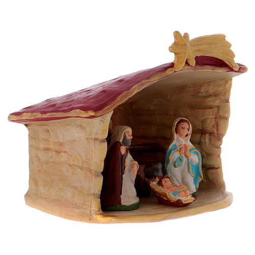 Shack with 5 pcs nativity scene and comet star in painted Deruta terracotta 3