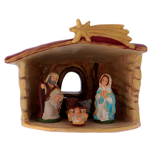 Stable in colored terracotta Deruta with nativity 5 pcs and comet 1