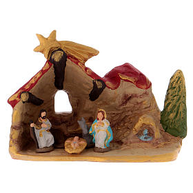House with 5 pcs nativity scene and tree in Deruta terracotta