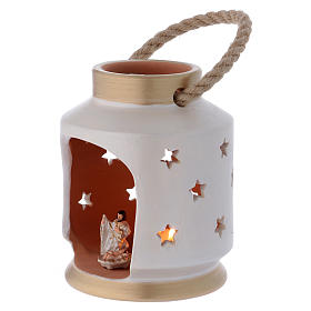 Laterne für Teelicht Zylinder Form mit heiligen Familie Terrakotta Deruta weiss/gold