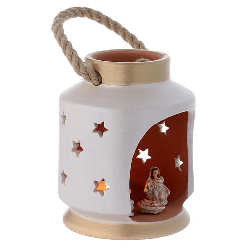Laterne für Teelicht Zylinder Form mit heiligen Familie Terrakotta Deruta weiss/gold 3
