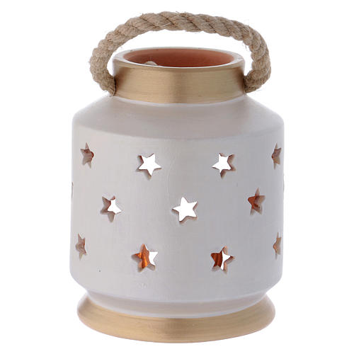 Laterne für Teelicht Zylinder Form mit heiligen Familie Terrakotta Deruta weiss/gold 4