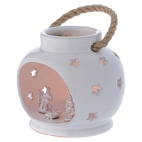 Laterne für Teelicht oval Form mit heiligen Familie Terrakotta Deruta weiss