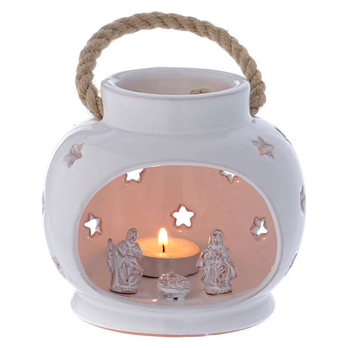 Laterne für Teelicht oval Form mit heiligen Familie Terrakotta Deruta weiss 1
