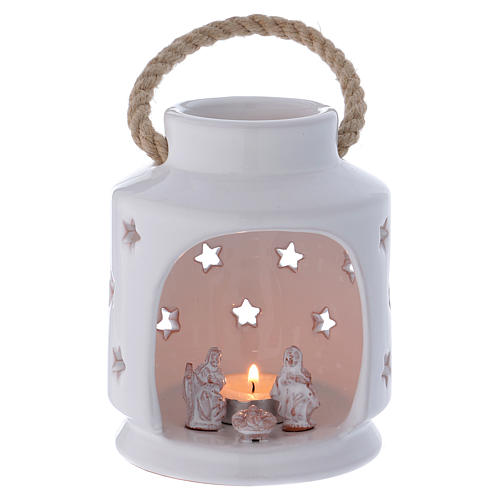 Laterne für Teelicht Zylinder Form mit heiligen Familie Terrakotta Deruta weiss 1
