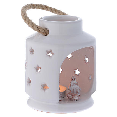 Laterne für Teelicht Zylinder Form mit heiligen Familie Terrakotta Deruta weiss 3