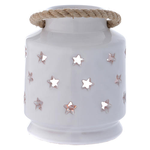 Cylindrical lantern with Nativity in Deruta terracotta, polished white 4