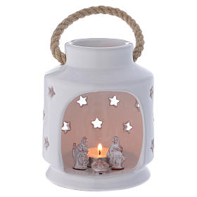 Photophore cylindrique blanc brillant avec Nativité en terre cuite Deruta