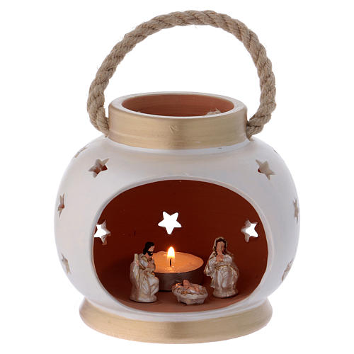 Laterne für Teelicht oval Form mit heiligen Familie Terrakotta Deruta weiss/gold 1