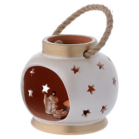Portable lantern oval elegant with Nativity in terracotta Deruta