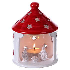 Candle Holder Stable bright white and red roof with Nativity in Deruta terracotta