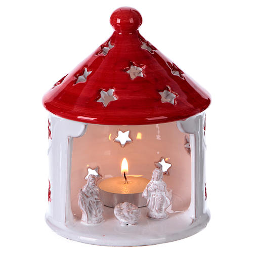 Candle Holder Stable bright white and red roof with Nativity in Deruta terracotta 1
