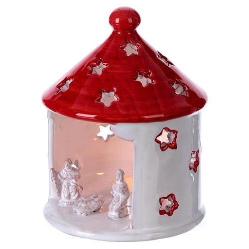 Candle Holder Stable bright white and red roof with Nativity in Deruta terracotta 2