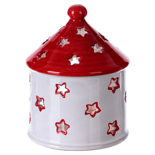 Candle Holder Stable bright white and red roof with Nativity in Deruta terracotta 3